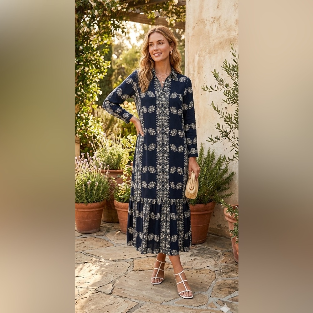 Hyacinth House NEW Navy Floral Long‎ Sleeve Boho Miller Maxi Dress Size Large